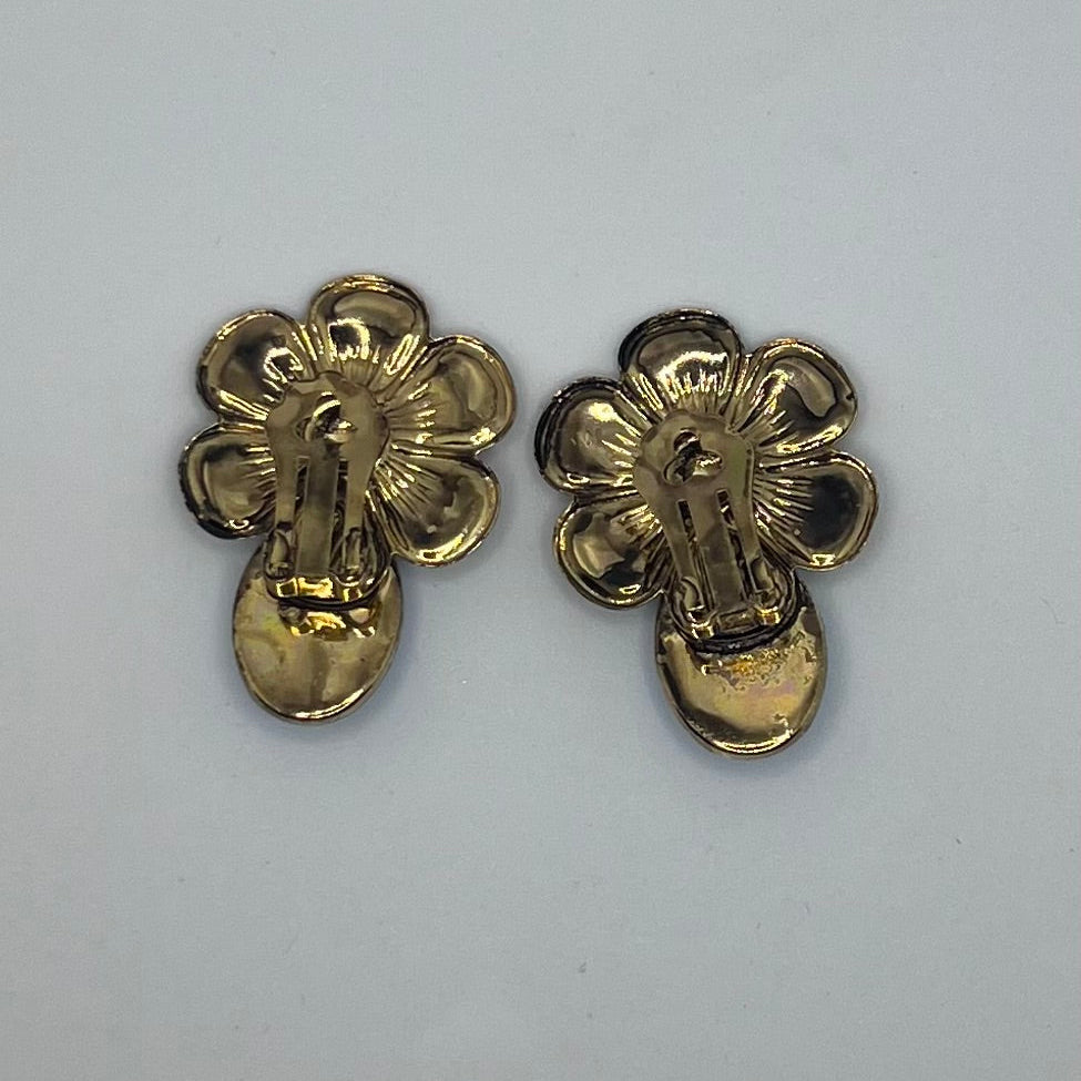 Vintage Gold Flower Clip-On Earrings with Blue Glass Cabochon,