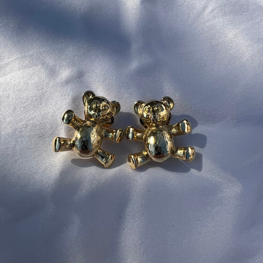 Vintage 1980s Gold Teddy Bear Clip-On Earrings – Made in UK