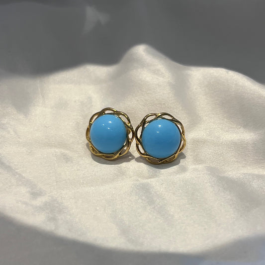 1980s Vintage Blue Cabochon Earrings – Gold-Tone Brass Stud Earrings