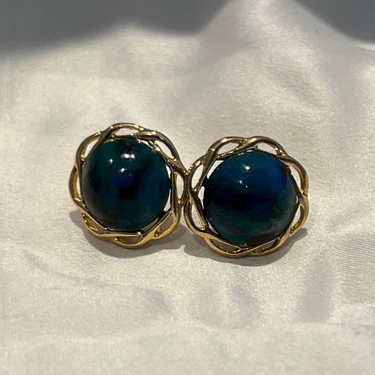 1980s Vintage Emerald Green Marbled Cabochon Earrings