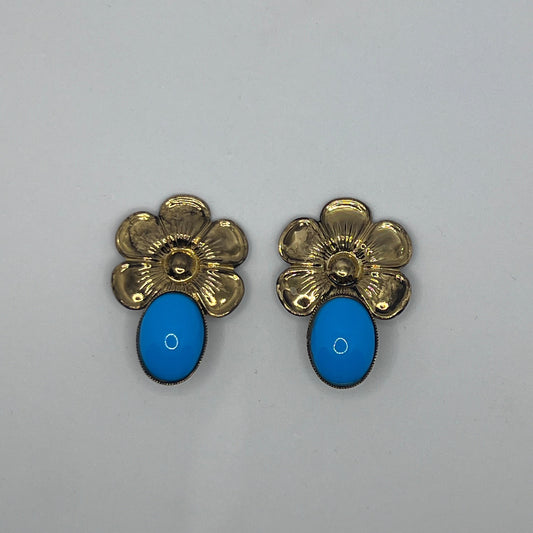 Vintage Gold Flower Clip-On Earrings with Blue Glass Cabochon,