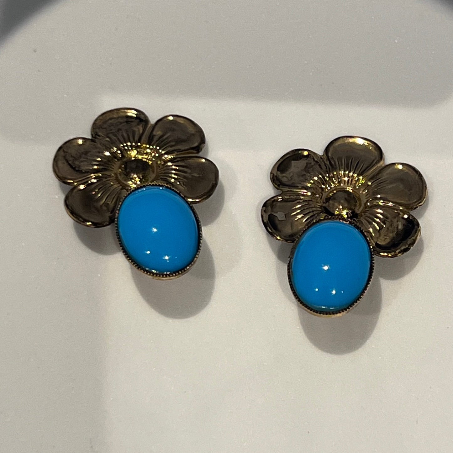 Vintage Gold Flower Clip-On Earrings with Blue Glass Cabochon,